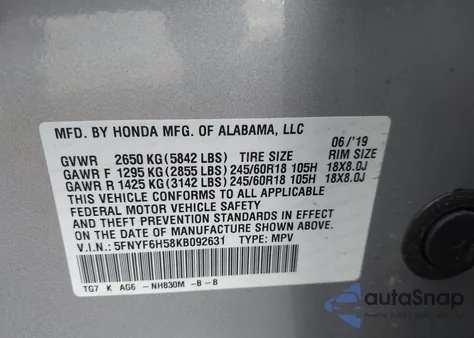 2019 Honda Pilot Ex-L z USA, uszkodzony, nr VIN 5FNYF6H58KB092631